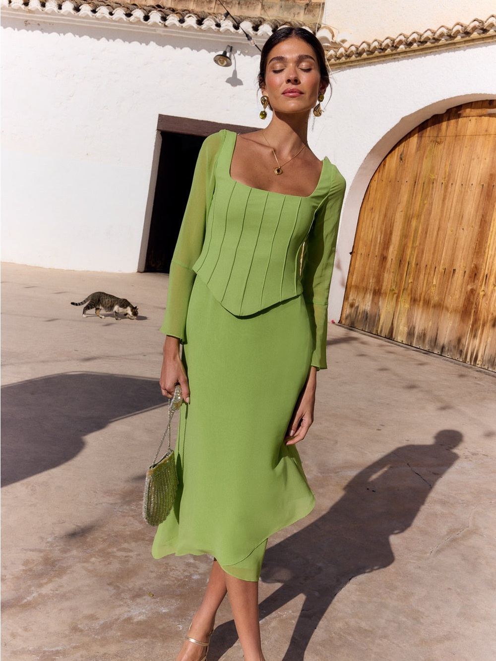 Chic Lime Green Midi Dress with Square Neck